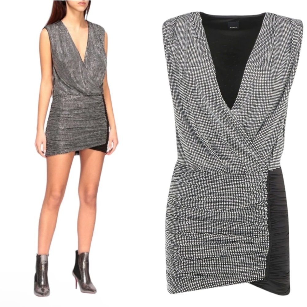 Pinko Gastone rhinestones draped v-neck mini dress